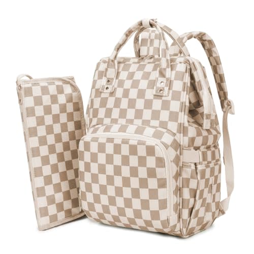 Baby Diaper Bag Backpack for Mom, Large Capacity Baby Essentials Travel Tote, Multifunction Baby Bag with Changing Pad, Stroller Straps, Pacifier Case, Baby Shower Gifts, Corduroy Checkered Brown