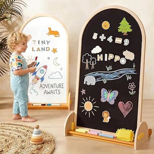 Tiny Land Kids Easel – Large 22"x40.5" Writing Area Double-Sided Magnetic Chalkboard & Whiteboard, Wooden Arch Drawing Board with Stand, Toddler Art Easel with Letters & Animal Magnets