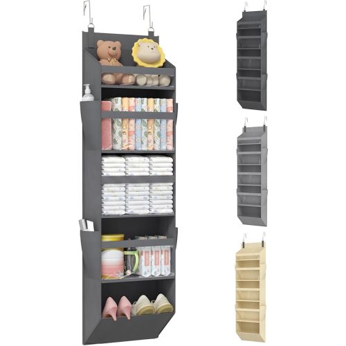 Lifewit 1 Pack Over the Door Organizer, 5 Section Clear Window Hanging Storage with 4 Side Pockets, Sturdy Anti Tilt 40 lbs Load Behind Door for Closet, Bedroom, Bathroom, Nursery, Dorm, Dark Gray