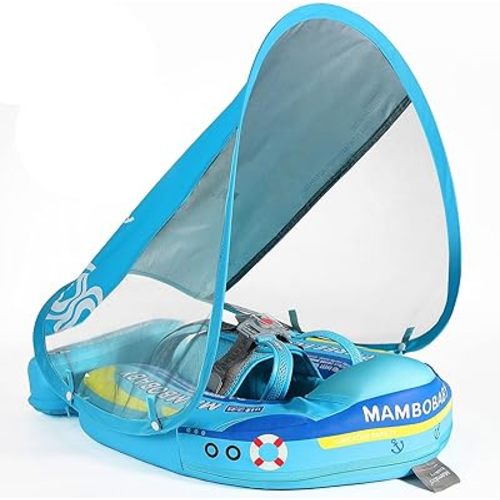 Mambobaby Float with Canopy Size Improved Non Inflatable Infant Pool Float Smart Mambo Float Swim Trainer Add Tail Baby Swim Float Mambo Baby Float Solid Air Free Water Waist Swimming Ring