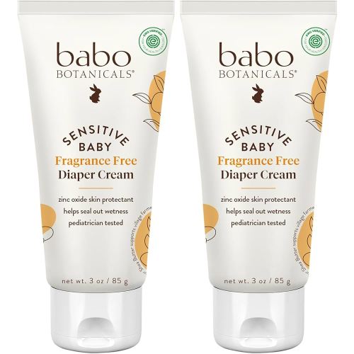 Babo Botanicals Sensitive Baby Fragrance-Free Diaper Cream - 25% Natural Zinc Oxide - Calendula, Shea & Cocoa Butter - EWG Verified - Vegan- From birth on - 2-Pack