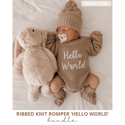 Knit Ribbed Romper Bundle 'Hello World' | Teddy Brown