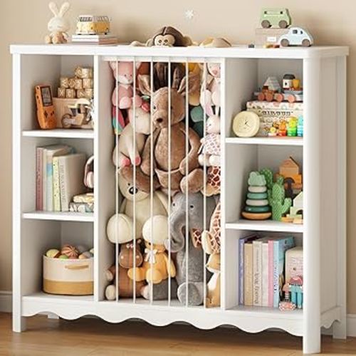 ONBRILL Wooden Stuffed Animal Storage, 6 Cube Toy Storage Organizer w/Wave Design, Plush Toy Organizers and Storage w/Elastic Band Thick Board, Kids Bookshelf for Kids Room Nursery Playroom (White)