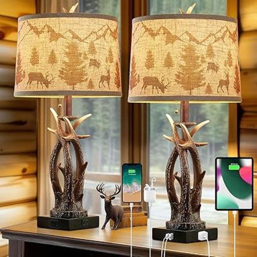 Farmhouse Deer Antler Table Lamps Set of 2 Rustic Western Bedside Lamp with USB A+C & Outlet for Log Cabin Bedroom Hunting Themed Living Room End Table Country Home decor,Deer Print Linen Fabric Shade