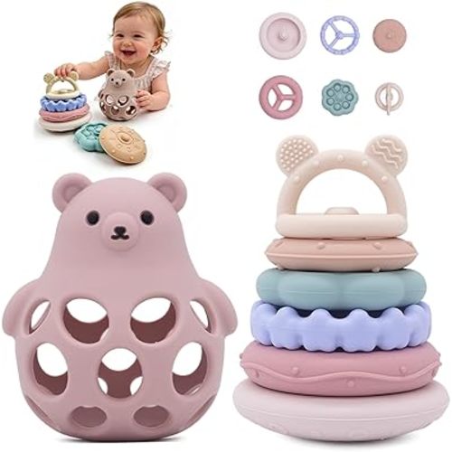 Baby Bear Teething & Stacking Toy Set - Teething Toys Silicone Teethers, Soft Baby Stacker Rings Teether, Learning Toy Gift for Boys and Girls 6+ Months (Pink)