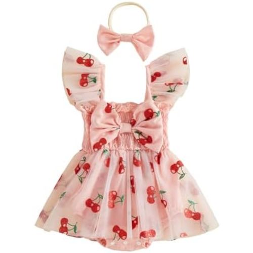 PUHHAPIEY Baby Girl Clothes Summer Outfit Newborn Strawberry Bow Ruffle Sleeveless Tulle Romper Dress Cute Infant Onesie