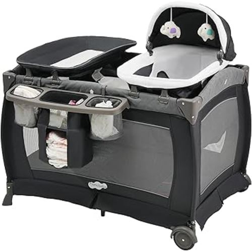 Pamo Babe Playard Portable Playard Foldable Playpen for Baby and Toddler Portable Crib Mattress Diaper Changer for Newborn (Grey)