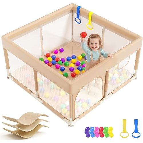 Dripex Baby Playpen, 47"x47" Play Pen for Babies, Beige