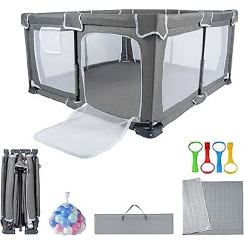 Foldable Baby Playpen 50"x50" ,Playpen for Babies and Toddlers with Mat,Foldable playpen with Door,Indoor and Outdoor Baby Fence Play Area (Grey (Cationic Fabric), Foldable 50"x50" with Mat)