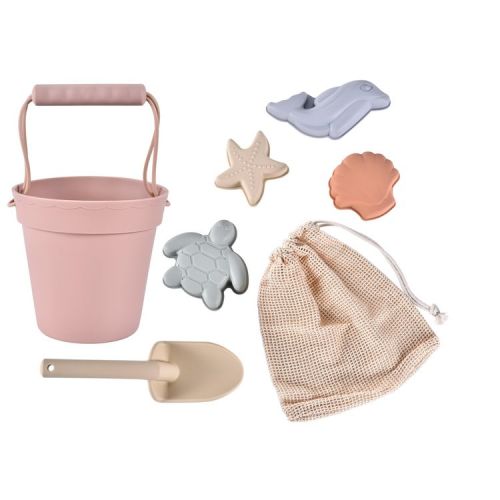 Link Ready! Set! Play! Silicone Beach & Pool Toy 7pc Set For Travel Bucket Shovel 4 Sands Molds For Toddlers & Babies Carry Bag Included - Blush Pink