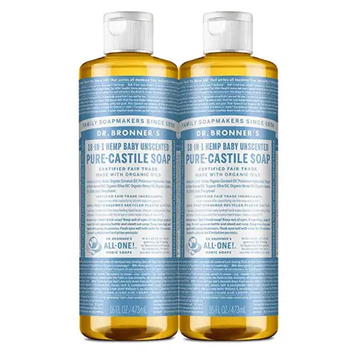 Dr. Bronner’s - Pure-Castile Liquid Soap (Baby Unscented, 16 ounce, 2-Pack) - Made with Organic Oils, 18-in-1 Uses: Face, Hair, Laundry and Dishes, For Sensitive Skin and Babies, No Added Fragrance
