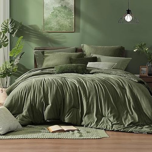 Monbix King Size Comforter Set Olive Green 7 Pieces Bed in a Bag