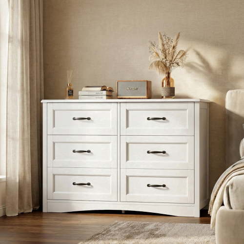 6-Drawer Dresser, 47" Wide Chest of Drawers with Metal Handles, Modern Storage Organizer Sturdy Wood Chest of Drawers for Bedroom, Living Room, Hallway, Office, Entryway, White