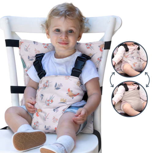 Dreambaby Portable Travel High Chair Harness Seat, Reversible 6M+ | Rolls up to fit diaper bag, machine washable, made with recycled bottles, fits most dining chairs