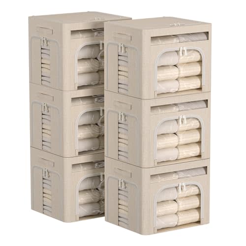 FHSQX 6 Pack Foldable Storage Bins for Clothes Clothes Storage Bins with Metal Frame Stackable Storage Box with Lid (Beige, 16.5x12.2x12.2 inch (40L))