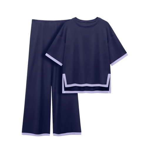 MINTREUS Women's Cotton 2-Piece Loungewear Short-Sleeve Round-Neck Pullover Top Wide-Leg Pants Women's PJ Casual Set S-4X