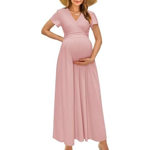 OUGES Maternity Maxi Dress Wrap Baby Shower Pregnancy Dresses for Photoshoot Maternity Outfits Summer Clothes 2026