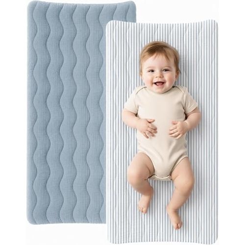 Konssy Waterproof Muslin Changing Pad Cover 2 Pack, 100% Cotton Quilted Diaper Changing Table Sheets, Soft Breathable Boho Nursery Bedding for Baby, Silent & Absorbent Standard Fit (Blue,Blue Stripe)