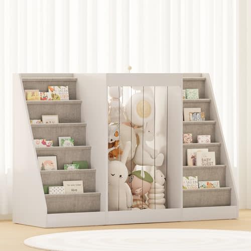 NACHES Kids Sling Bookshelf with Elastic Cord Storage, Wooden Children’s Book Organizer with 2 Fabric Pockets and 1 Open Elastic Section for Bedroom & Playroom – White
