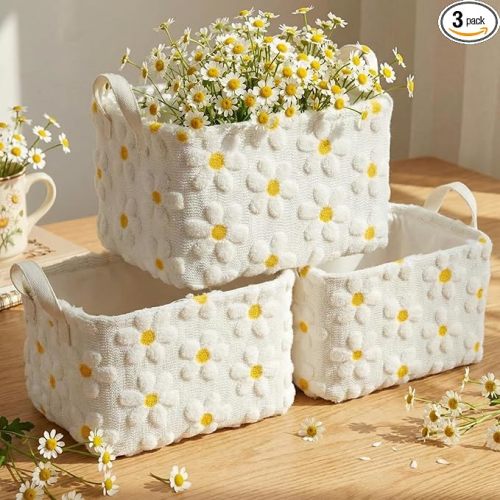 Kathfly Daisy Storage Baskets Plush Faux Fur Jacquard Design Laundry Basket with Handles Waterproof Flower Storage Bins Fabric Shelf Baskets for Organizing Closet Clothes