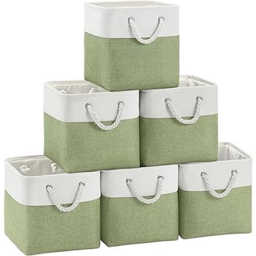 Fabric Cubes Storage Basket, 6 Pack 11x11 in with Handles Foldable Cube Storage Bins, for Shelves, Home, Office, Nursery Organizers (White/ Green)