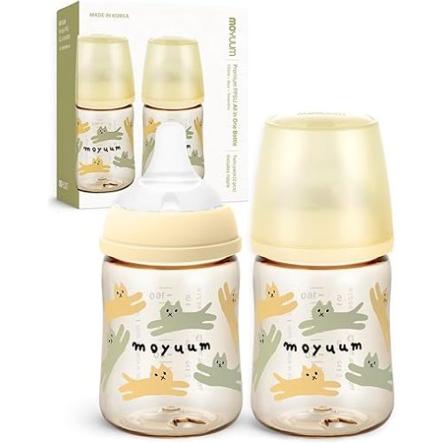 Moyuum 3rd Gen PPSU Baby Bottle | Premium Anti-Colic Feeding Bottle, Microplastic & BPA Free, Natural Fit Breastfeeding Nipple, Lightweight, Easy to Clean, Made in Korea- 6 oz (2 Pack, Yellow Cats)