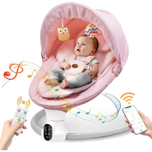 Baby Swing for Infants - Electric Baby Rocker with Exclusive App Function, Upgraded 5 Point Harness, Bluetooth Support, 10 Preset Lullabies and 5 Speeds, Portable Swing for Baby Boy Girl（Pink）