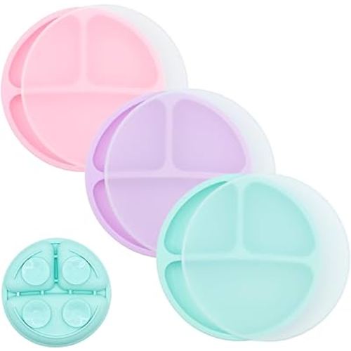 WeeSprout Suction Plates for Babies With Lids & Toddlers - 100% Silicone, Dinnerware Stays Put, Divided Design for Picky Eaters, Microwave & Dishwasher Friendly, 3 Pack