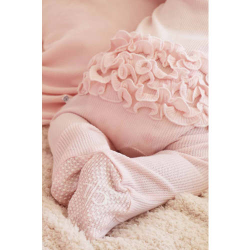 Pearl Pink Bamboo Waffle Ruffle Zipper Footie