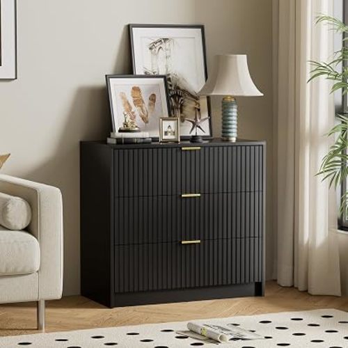 Furniway Black Dresser for Bedroom, Modern Dresser with 3 Drawers and Smooth Slides, Wide Chest of Drawers with Golden Handles for Bedroom, Living Room, Closet, 15.7" D x 31.5" W x 29.6" H