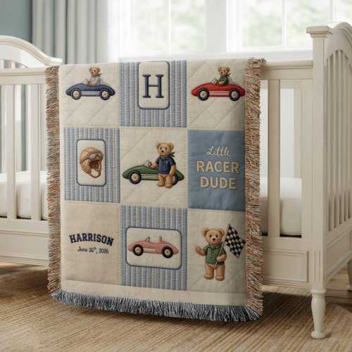 Personalized Teddy bear Car Baby Blanket for Boys, Vintage Race Car Nursery Throw, Custom Name Blanket, Toddler Blanket Baby race baby gift
