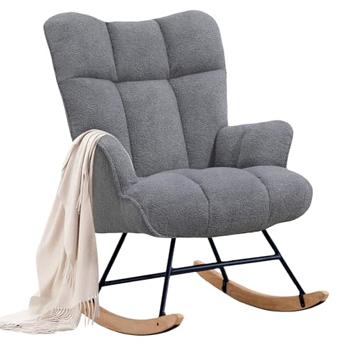 Zedachica Rocking Chair Nursery Teddy Upholstered Glider Rocker Rocking Accent Chair Padded Seat with High Backrest Armchair Comfy Side Chair for Living Room Bedroom Offices (Dark Grey Teddy)