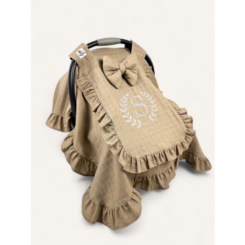 Embroidered Muslin Car Seat Cover | Beige Carseat Canopy with Mesh Window | Handmade Newborn Gift