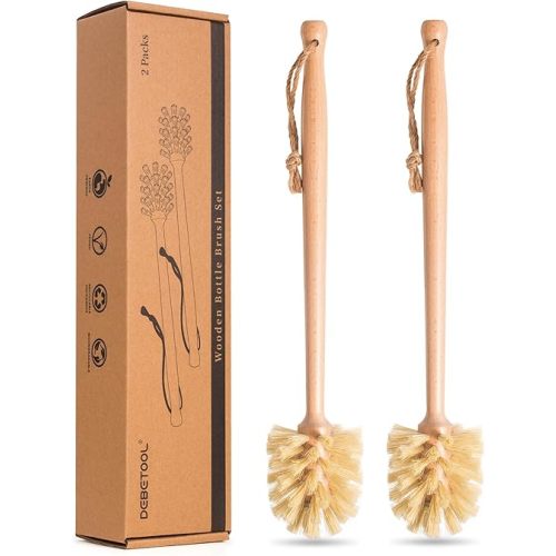 2-Pack Natural Wooden Bottle Brush with Sisal Bristles, Long Handle Bottle Brush Cleaner for Wide Mouth Jars, Water Bottles, Cups, Glasses, Baby Bottles (Non-Scratch)