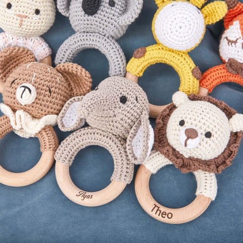 Custom Crochet Baby Rattle with Wooden Teether,Engraved Name,Crochet Baby Rattle Toy for Girls and Boys,Personalized Gift for Baby Shower