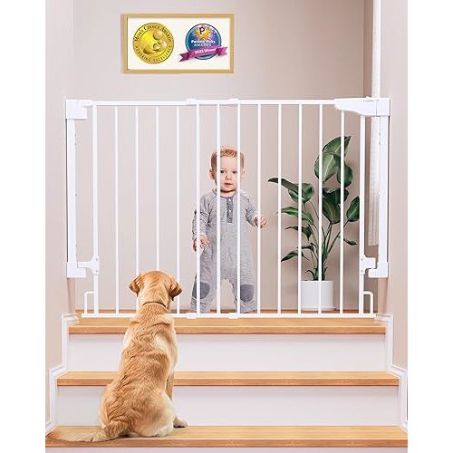 Cumbor 29.2–43" Baby Gate for Stairs, Wall-Mounted (Drill Required), Expandable No Bottom Bar Dog Gate, Auto Close Extra Wide Walk Thru, Pet & Toddler Proof Gate, Top & Bottom of Stairways (White)