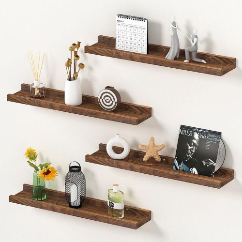 Solid Pine Wood Floating Shelves Set of 4 with Lip for Wall Storage and Decor in Walnut