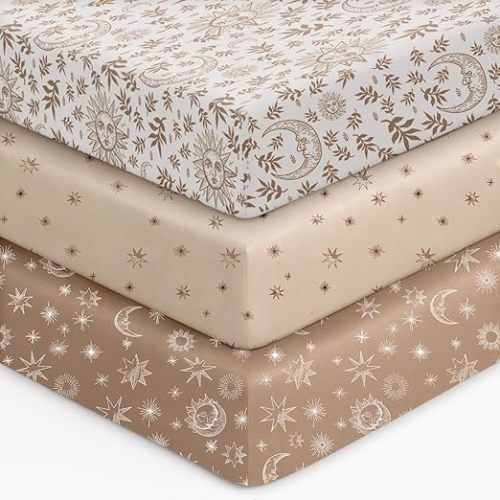 Baby Crib Sheets for Girls, 28x52x8in Fitted Crib Sheet Neutral 3 Pack for Standard Crib and Toddler Mattress, Breathable Soft Microfiber Baby Sheet White Brown Sun God | Neutral, 3 Pack, for Standard Crib, and Toddler Mattress, Microfiber, Baby Sheet