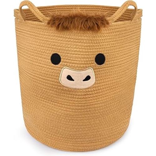 Highland Cute Cow Basket for Nursery, Tall Large Laundry Blanket Gift Basket, Woven Rope Cotton Storage for Clothes, Baby Shower Hamper 0rganizer with Ears Handles, 53L Clothes Bins,15"D×18"H