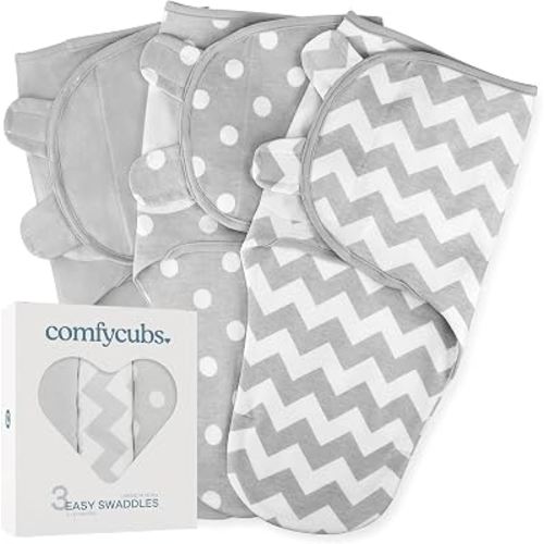 Comfy Cubs Easy Swaddle Blanket, 3 Pk Large - Baby Blanket Swaddle, Grey | 100% Cotton Newborn Wrap for 3-6 Months Infants, Adjustable, Breathable and Durable Sleep Sack for Babies