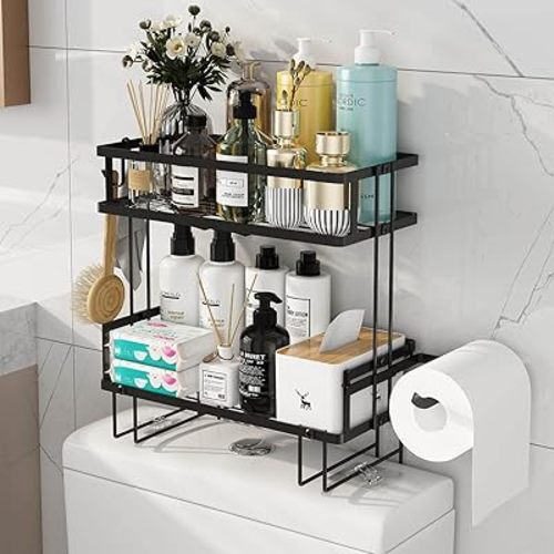 Godboat Bathroom Organizers, 2-Tier Over Toilet Storage, Floating Shelves with 2 Hooks & Paper Holder, Wall Mounted Shelf Furniture, Cool Accessories & Decor, Gifts for Women, Mothers Day (Black)