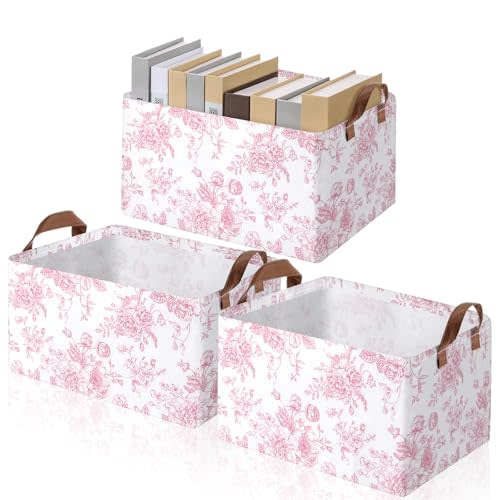Boao 3 Pcs Pink Floral Foldable Storage Bins Baskets with Handle | Chinoiserie Flower Laundry Basket, Large Collapsible, French Country Aesthetic Organizer, with Handles, Clothes, Toy, Book
