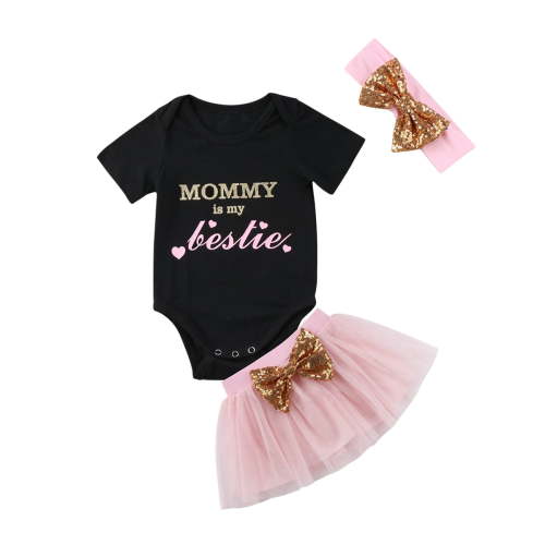 Infant Baby Girl Mommy is My Bestie Short sleeve Romper+Tutu Tulle Skirt+Bowknot Headband Sets Outfits Clothes