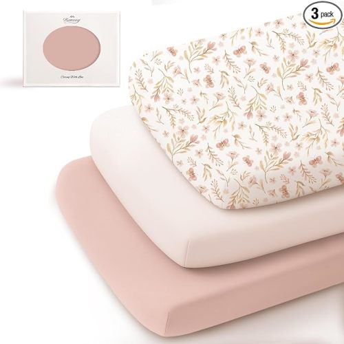 Konssy 3 Pack Stretchy Bassinet Sheets for Baby Girls and Boys, 33"x21" | Silky-Soft & Breathable, Bassinet Mattress Sheet, for Baby Delight, Dream on Me, Rectangle Bassinet Sheets (Pink Spring)