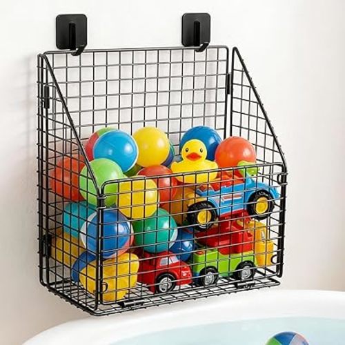 Large Bath Toy Storage, Metal Bathtub Shower Toy Holder, Foldable bath Tub Toy Organizers, Bathroom Toy Storage with Drainage for Sorting Toys/Clothes/Toiletries (1pc black)