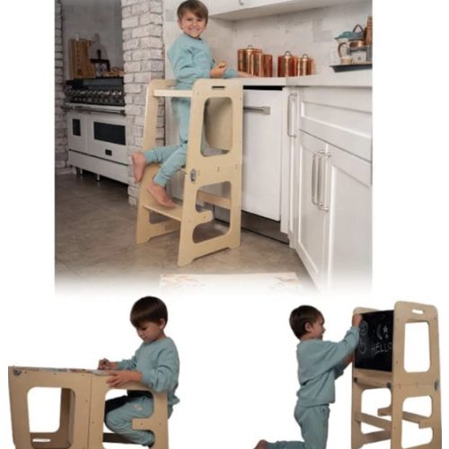 Toddler Kitchen Stool & Montessori Chalkboard Desk | 4-in-1 Convertible Helper Tower