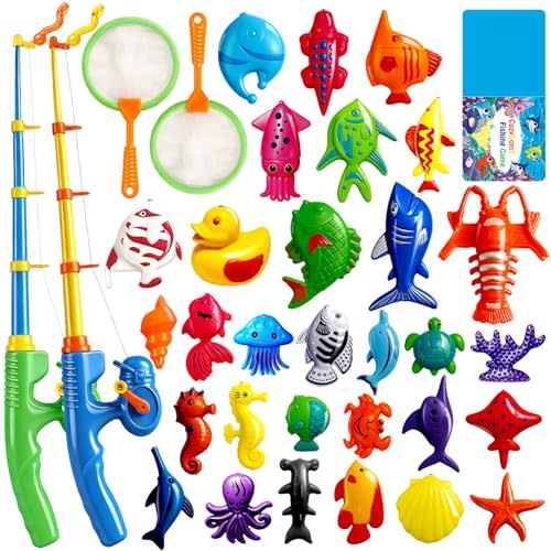 CozyBomB™ Magnetic Fishing Toys Game Set for Kids | Water Table Bathtub Kiddie Pool Party Pole Rod Net, Outdoor Plastic Floating Fish, Toddler Bath Color Ocean Sea Animals Easter Gift Age 3-5 6 4-8