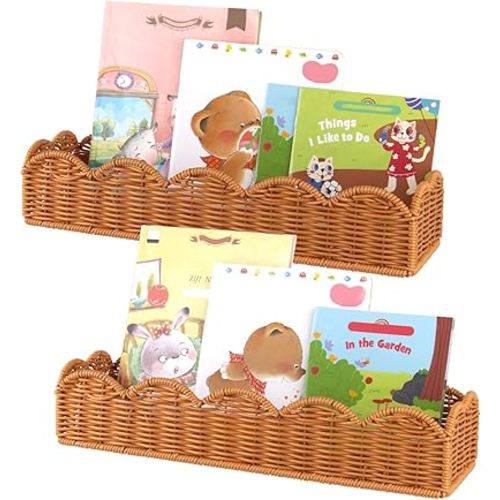 Nursery Book Shelves 2PCS Scalloped Book Shelf for Kids Rooms Artificial Rattan Nursery Bookshelf Wall Hanging Floating Book Shelves for Wall Bedroom Living Room Decor