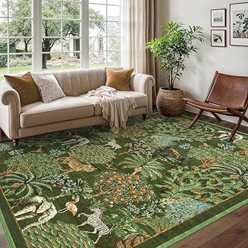 GarveeHome Jungle Animal Print Rug 6x9 Washable Area Rugs for Living Room, Forest Rug Non Slip Low Pile Stain Resistance Large Throw Carpet for Bedroom Dining Room Kids Playroom Nursery, Dark Green