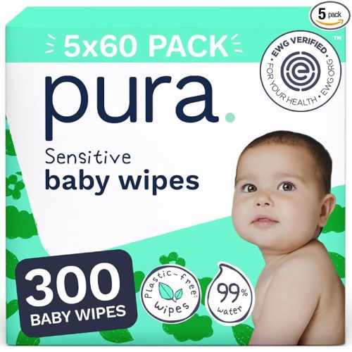 Pura Baby Wipes Unscented 300 Count Sensitive Skin with Aloe Vera | Twice as Soft, 3 Layer Cloth, 99% Water & Aloe Vera, 0% Perfume, Chlorine & Toxins*, EWG Verified
